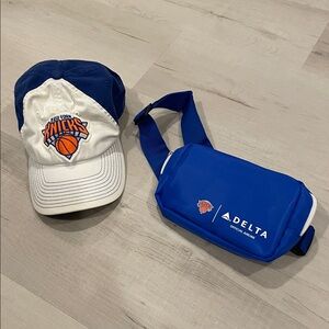 New York Knicks Adidas baseball cap (pre-owned) and fanny pack (brand new).